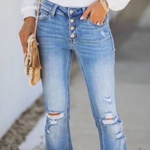 New Kan Can Distressed Button Fly Flare Leg Jeans